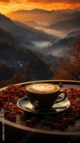 Morning coffee cup and coffee beans on table over mountains, landscape with sunlight. Beauty nature background view of sunset or sunrise background with copy space © ND STOCK