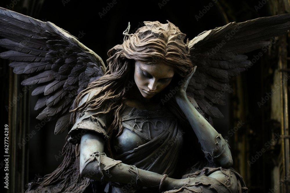 Fototapeta premium A sculpture crafted from stone or bronze, featuring angelic figures or symbolic motifs commonly found in cemeteries, symbolizing the connection between life, death, and the eternal Generative AI