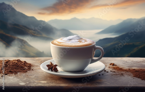 Morning coffee cup and coffee beans on table over mountains, landscape with sunlight. Beauty nature background view of sunset or sunrise background with copy space