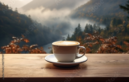 Morning coffee cup and coffee beans on table over mountains, landscape with sunlight. Beauty nature background view of sunset or sunrise background with copy space