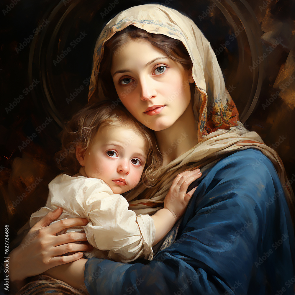 Holy Mary holding baby Jesus Christ in her arms. Graphic representation ...