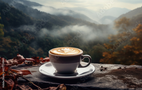 Morning coffee cup and coffee beans on table over mountains, landscape with sunlight. Beauty nature background view of sunset or sunrise background with copy space © ND STOCK