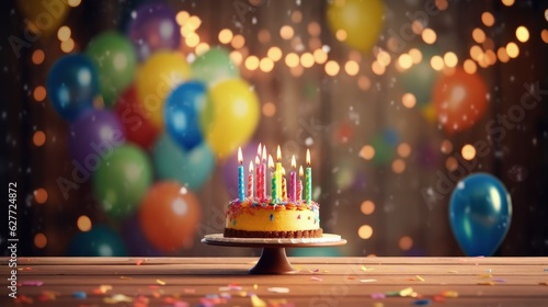 Birthday party with decorated cake, balloons and confetti on blurred background, Generative AI