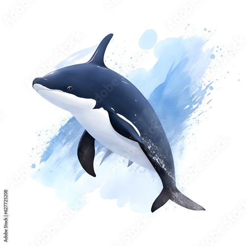 Killer whale in cartoon style. Cute Little Cartoon Killer whale isolated on white background. Watercolor drawing, hand-drawn Killer whale in watercolor. For children's books, for cards, 