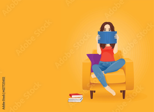 Young woman reading book hiding behind sitting in cozy yellow armchair on yellow background isolated vector illustration