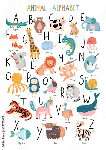 Cute Cartoon Animals alphabet for kids education, posters, kids rooms. Hand drawn style characters 
