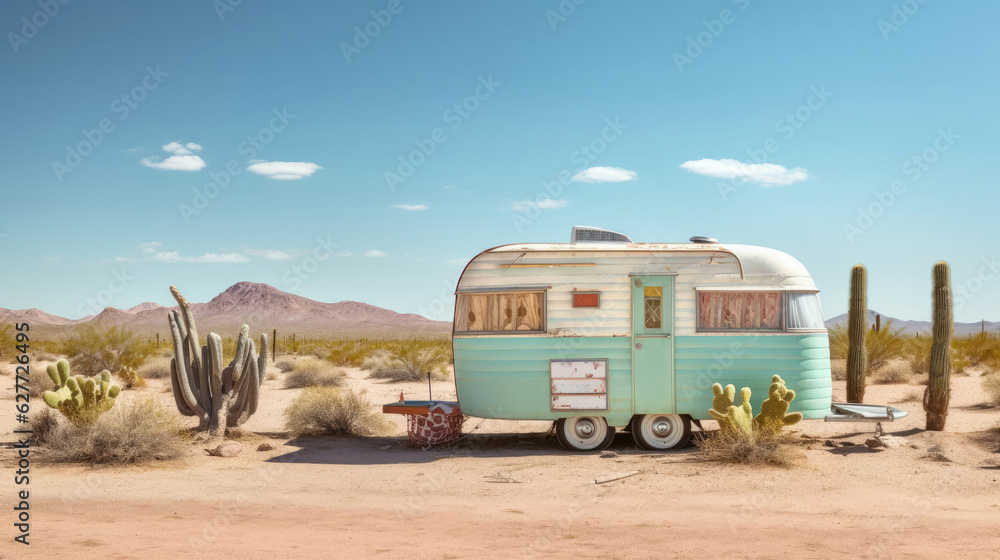 An abandoned retro vintage caravan stands in the desert with lots of cacti on a sunny day. The blue sky offers copy space - obrazy, fototapety, plakaty 