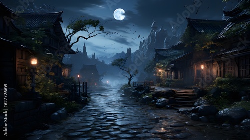 Old fantasy village in the night background. Generative AI