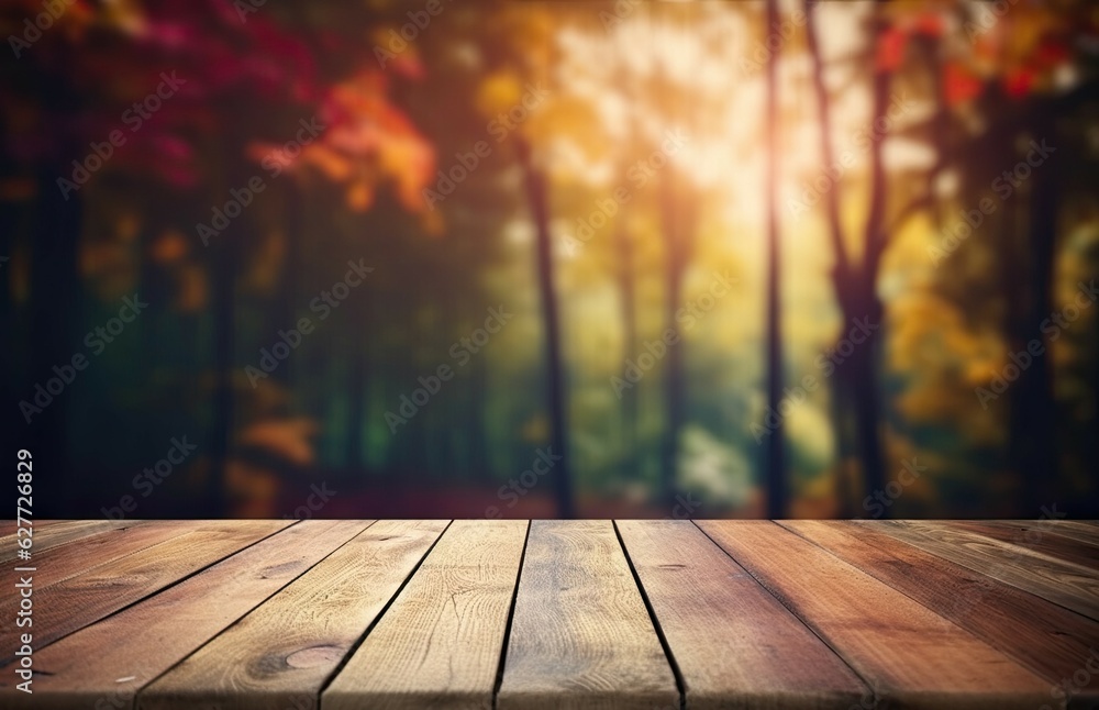 Empty wooden table for product showcase amidst the beauty of nature in forested background. Empty wooden table for product showcase amidst the beauty of nature in forested background.