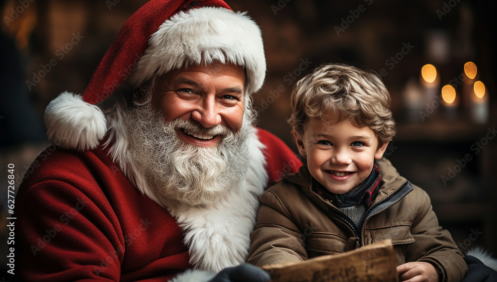 Obraz premium Santa with children and presents. AI generative.