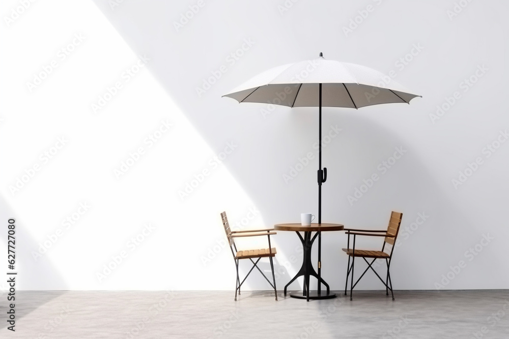 3d rendering of an empty room with chairs and a white umbrella 3d rendering of an empty room with chairs and a white umbrella
