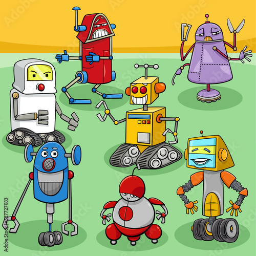 cartoon colorful robots and droids characters group
