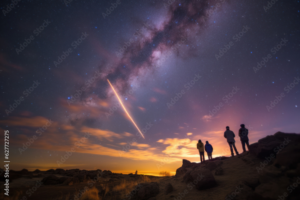 Group of people observing the night sky with stars. Stargazing concept
