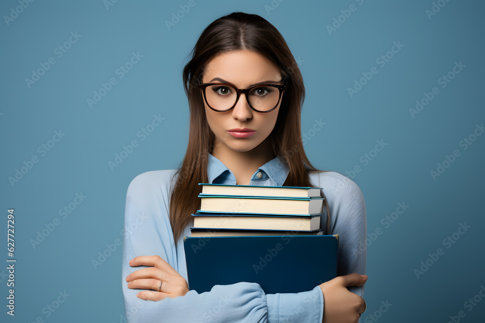 portrait of a student with books isolated on blue background ai generated art portrait of a student with books isolated on blue background ai generated art