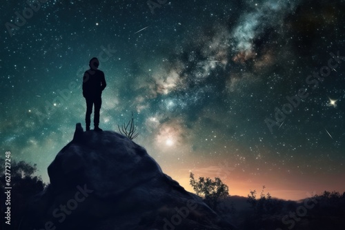 Alone man looking at the starry sky. Stargazing concept