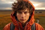 A young man wearing an orange jacket and a black backpack. Digital image.