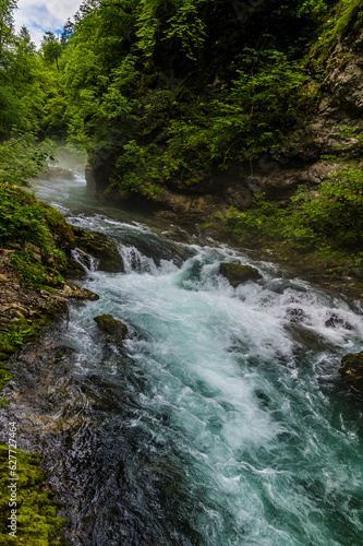 A view of the Radovna River flowing over rapids in the Vintgar Gorge in Slovenia in summertime