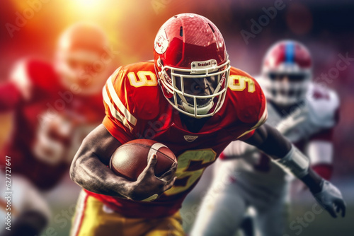 American football player in action on the field. 3d rendering.