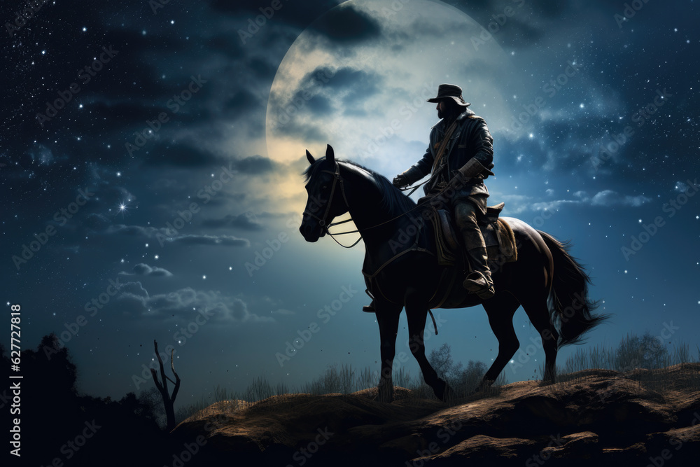 A man riding on the back of a horse under a full moon.