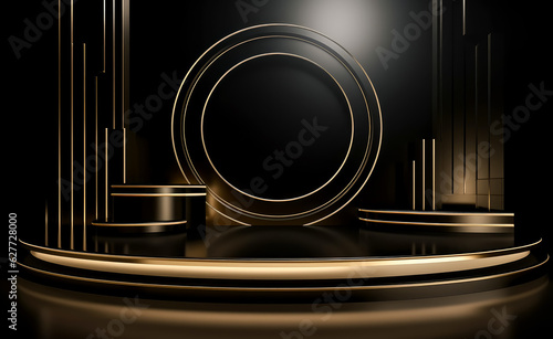 Elegant golden and stage backdrop with a podium on a black background, in the style of curved mirrors, abstract structures, poster, style of art deco.
