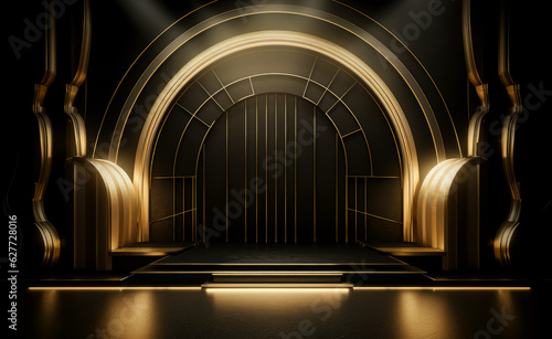 Elegant golden and stage backdrop with a podium on a black background  in the style of curved mirrors  abstract structures  poster  style of art deco.