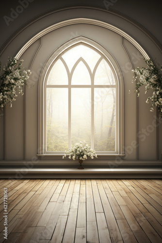 An empty room with a window and a vase of flowers.