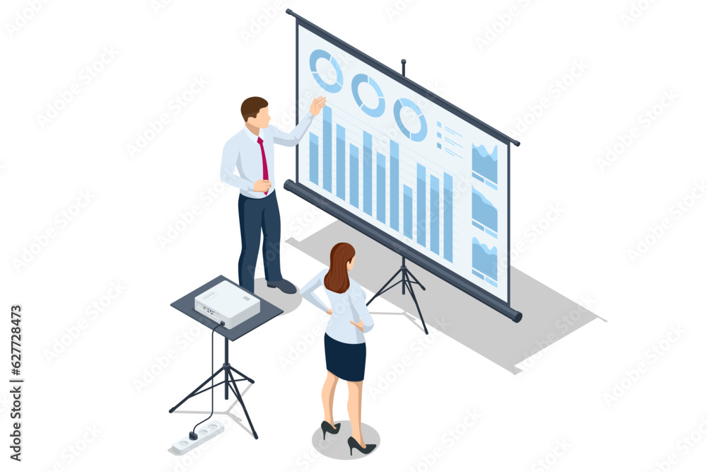Isometric Video Projector at Business Conference. Video Projector for Work Presentation. Business people having meeting in office