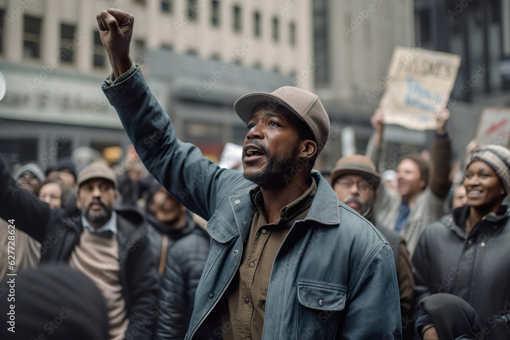 An African-American man with a raised fist protests during an anti-racist protest An African-American man with a raised fist protests during an anti-racist protest
