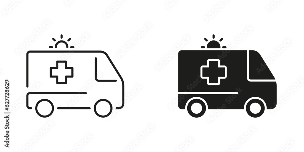 Ambulance Line and Silhouette Black Icon Set. Paramedic's Transport for First Aid Service Symbol Collection. Urgent Medical Help Sign. Emergency Car Pictogram. Isolated Vector Illustration Ambulance Line and Silhouette Black Icon Set. Paramedic's Transport for First Aid Service Symbol Collection. Urgent Medical Help Sign. Emergency Car Pictogram. Isolated Vector Illustration