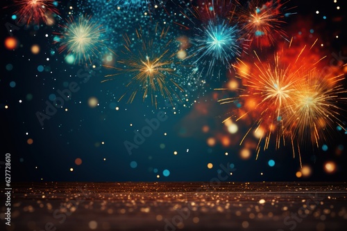 Colorful fireworks on the dark sky background with bokeh, Generative AI © tanatat