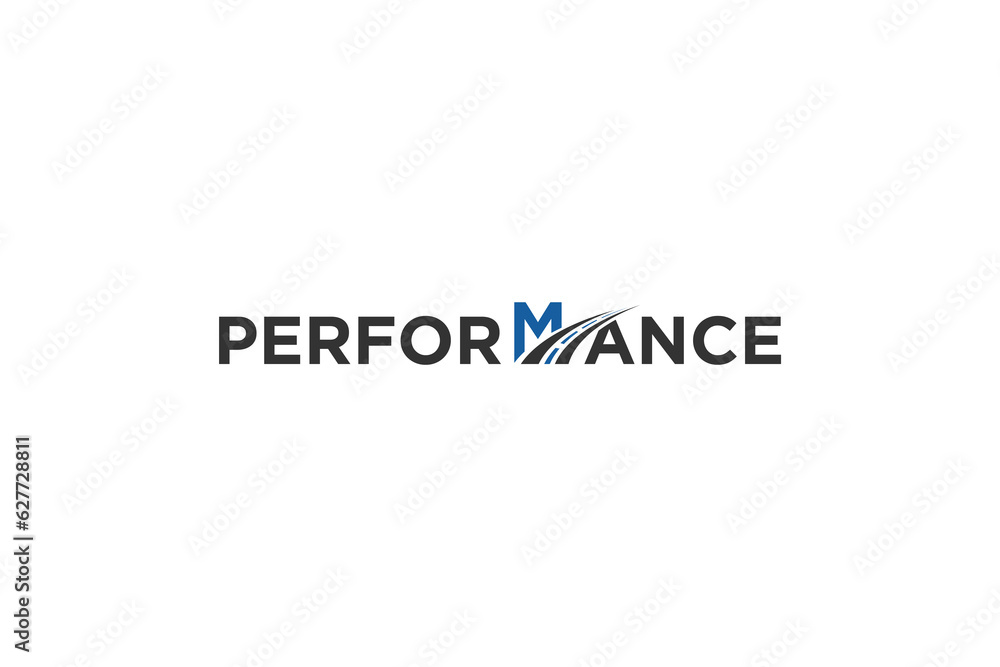 Performance text linked M initial letter with tol way icon symbol logo design