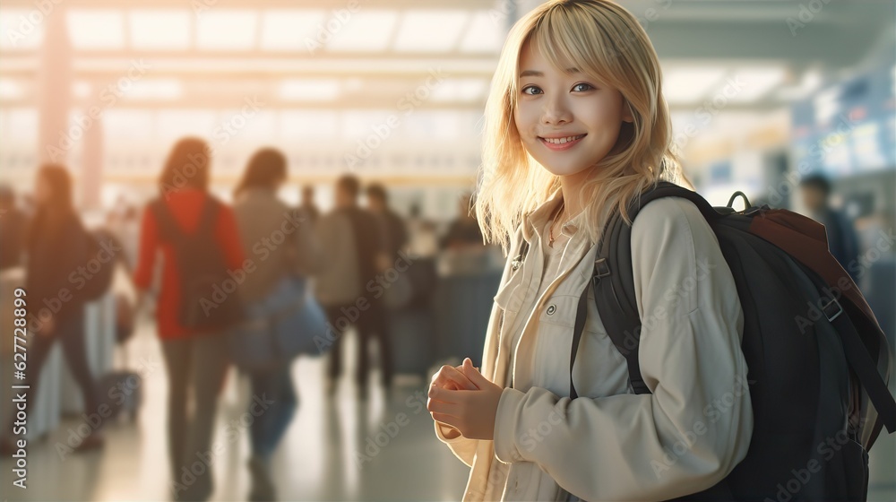 Fototapeta premium 旅行を楽しむ笑顔の日本人女性(空港・飛行場)