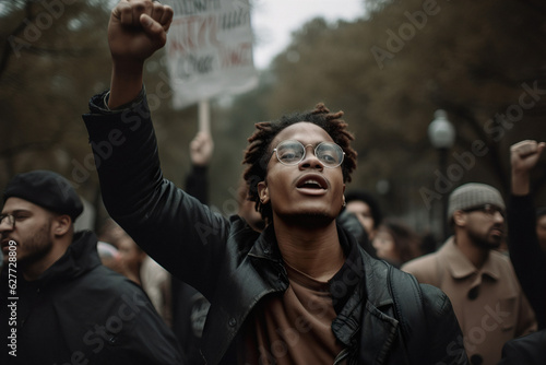 An African-American man with a raised fist protests during an anti-racist protest © Oleksandr Kozak