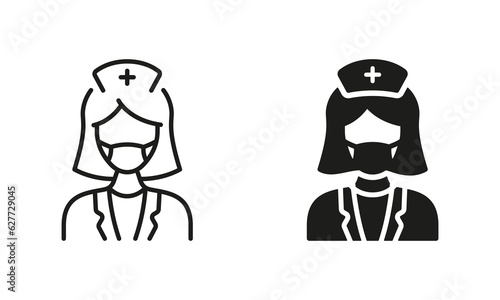 Female Dentist Symbol. Surgeon Sign. Physician, Orthodontist, Endodontist Black Pictogram Collection. Dental Doctor Woman in Face Mask Silhouette and Line Icon Set. Isolated Vector Illustration