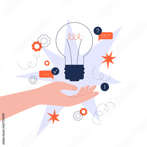 Bulb lamp in a hand. Creative mind or brainstorm or creative idea concept. Vector illustration