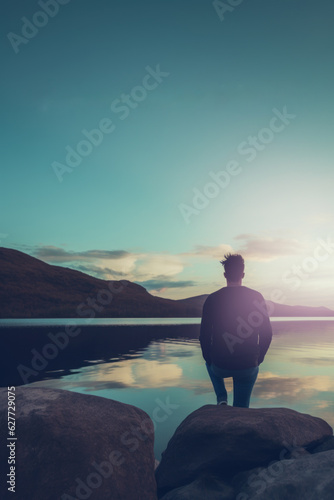 Man contemplating the view, tranquil lake and mountains with a blue sky