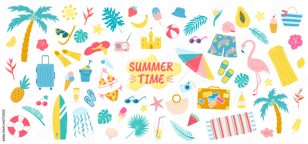 Big summer beach vacations set. Sea and ocean vacations accessories and play equipment. Vector summer illustrations set