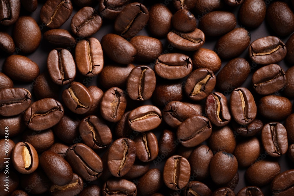 Fototapeta premium Fresh roasted coffee beans closeup pattern on dark background. Food pattern. Love coffee concept. Top view, flat lay with copy space