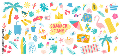 Big summer beach vacations set. Sea and ocean vacations accessories and play equipment. Vector summer illustrations set