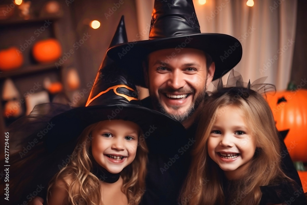 Happy family, father and little daughters in costumes and make-up on Halloween celebration. Happy family, father and little daughters in costumes and make-up on Halloween celebration.