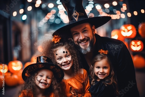 Happy family, father and little daughters in costumes and make-up on Halloween celebration.