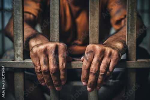Man behind prison bars. Men's hands rest on the bars of a prison or prison cell. Conclusion concept. Crime and Punishment. Close-up. Repression. Justice.