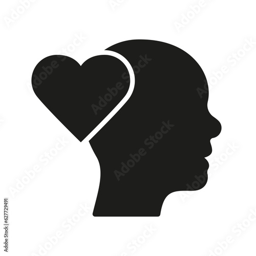 Fototapeta Naklejka Na Ścianę i Meble -  Empathy, Passion, Sympathy Feeling Silhouette Icon. Heart Shape and Human Head Glyph Pictogram. Kindness and Inspiration Solid Sign. Intellectual Process Symbol. Isolated Vector Illustration