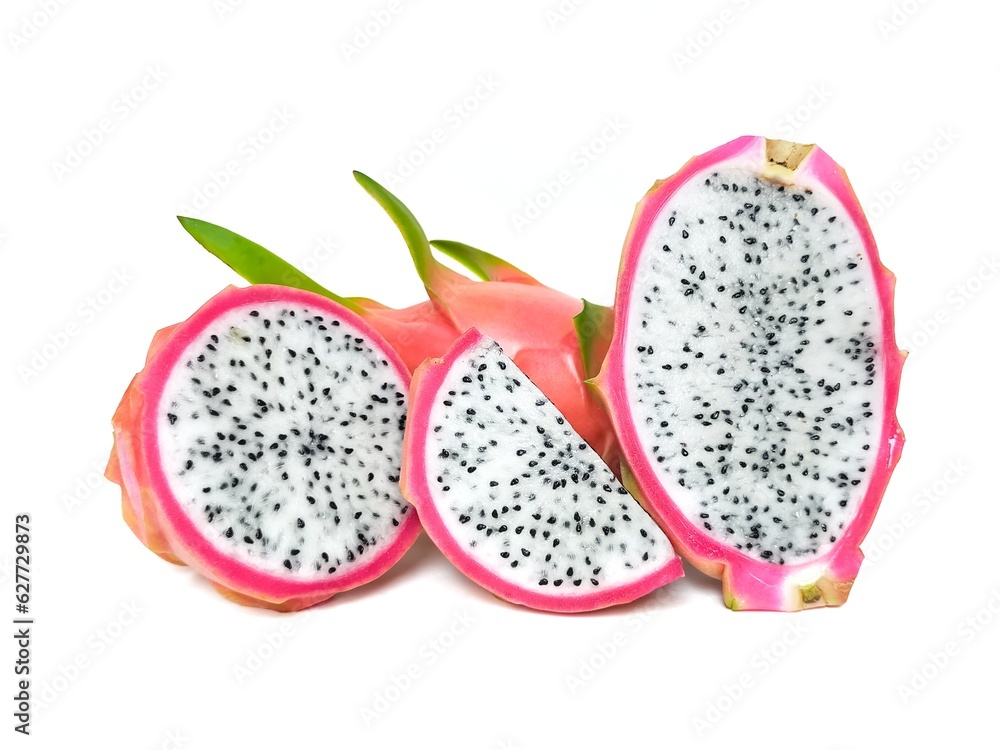 Fresh and Juicy Pink Organic Dragon Fruit White flesh and black seeds, colorful colors, isolated on a white background. Fresh and Juicy Pink Organic Dragon Fruit White flesh and black seeds, colorful colors, isolated on a white background.