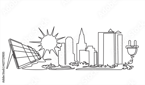 Continuous line drawing solar panel, sun, plug and city, symbol for solar energy.Can used for logo, emblem, slide show and banner. Order a banner for one line drawing