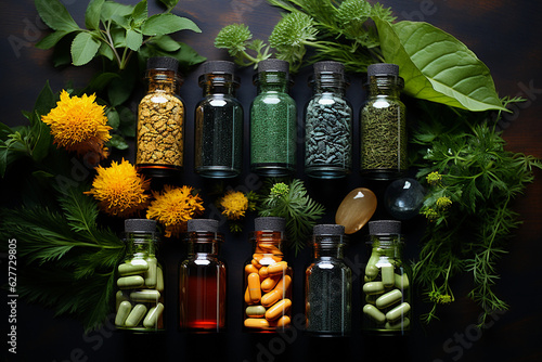 Homeopathy and dietary supplements from medicinal herbs. Selective focus. Generative AI