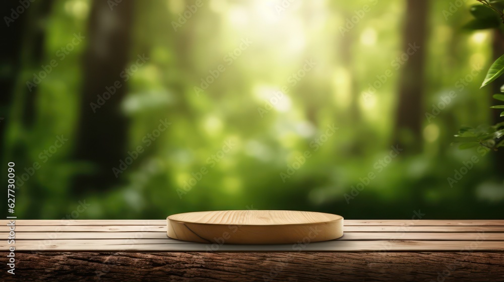 Wood plank and podium in green forest background,3D widescreen background product presentation and Innovation from the nature, cosmetic and product presentation with natural concept ,Generative AI Wood plank and podium in green forest background,3D widescreen background product presentation and Innovation from the nature, cosmetic and product presentation with natural concept ,Generative AI