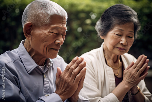 Mature Chinese couple meditating in a garden