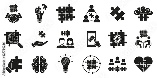 Team Management  Interaction and Communication Solid Symbol Collection. Puzzle Jigsaw Game  Teamwork Concept Silhouette Icon Set. Brainstorm on Meeting Glyph Pictogram. Isolated Vector Illustration