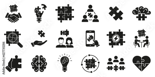 Team Management, Interaction and Communication Solid Symbol Collection. Puzzle Jigsaw Game, Teamwork Concept Silhouette Icon Set. Brainstorm on Meeting Glyph Pictogram. Isolated Vector Illustration
